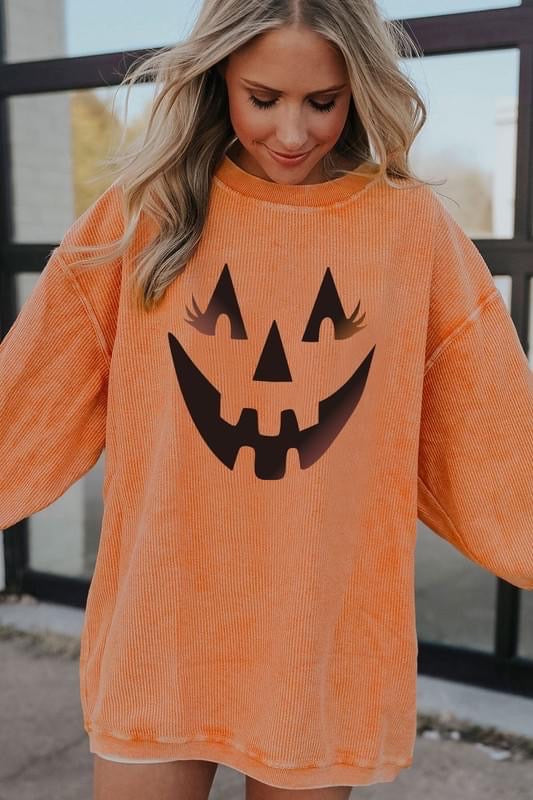 Orange Ribbed Jack-O-Lantern Pullover