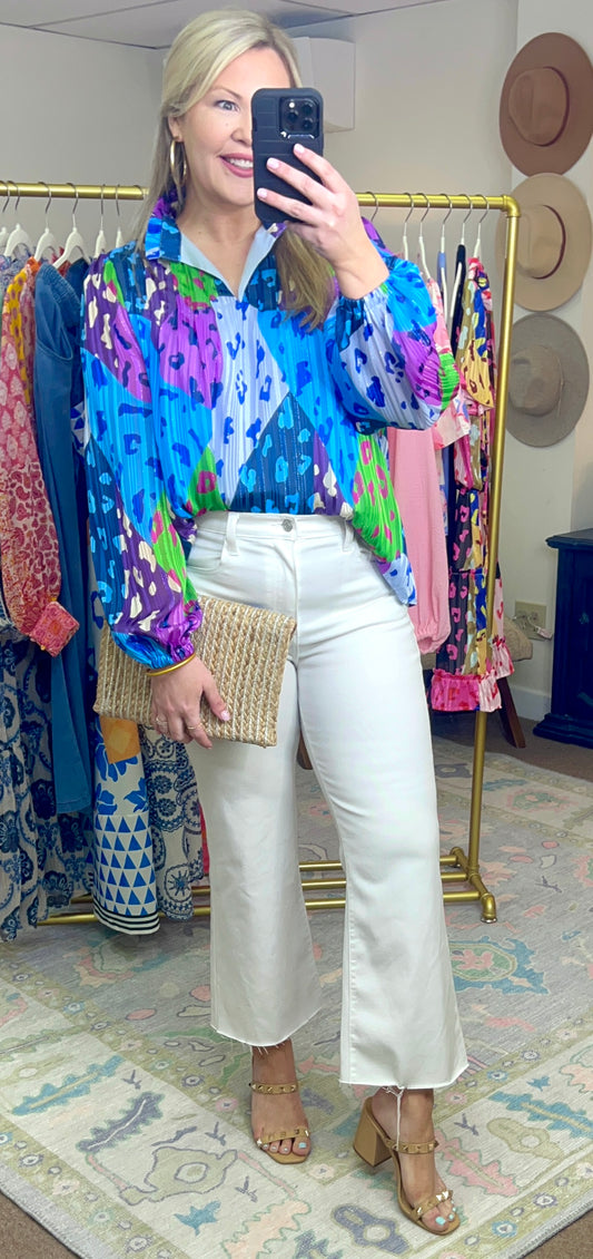 Liza Frank Abstract Leopard Print Pleated Blouse