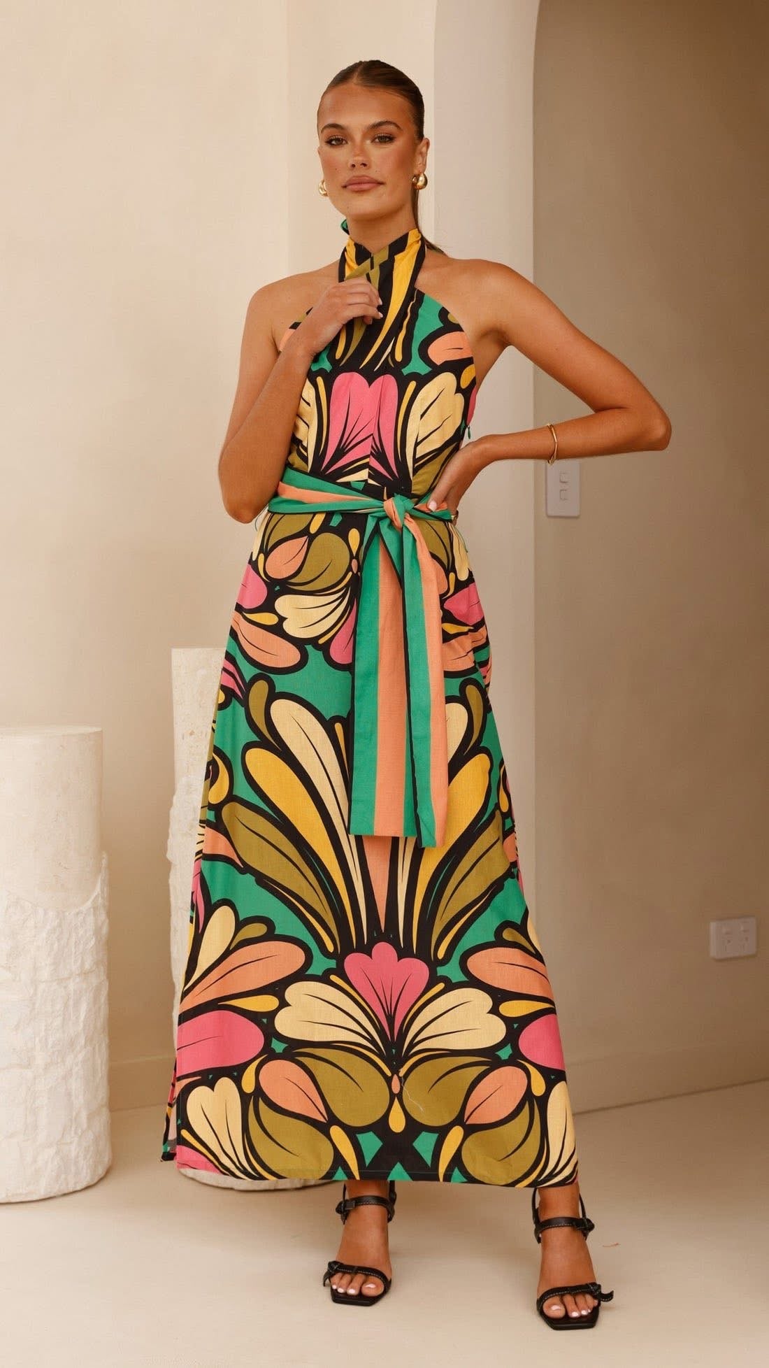 Lady Lotus Twist Halter Maxi Dress