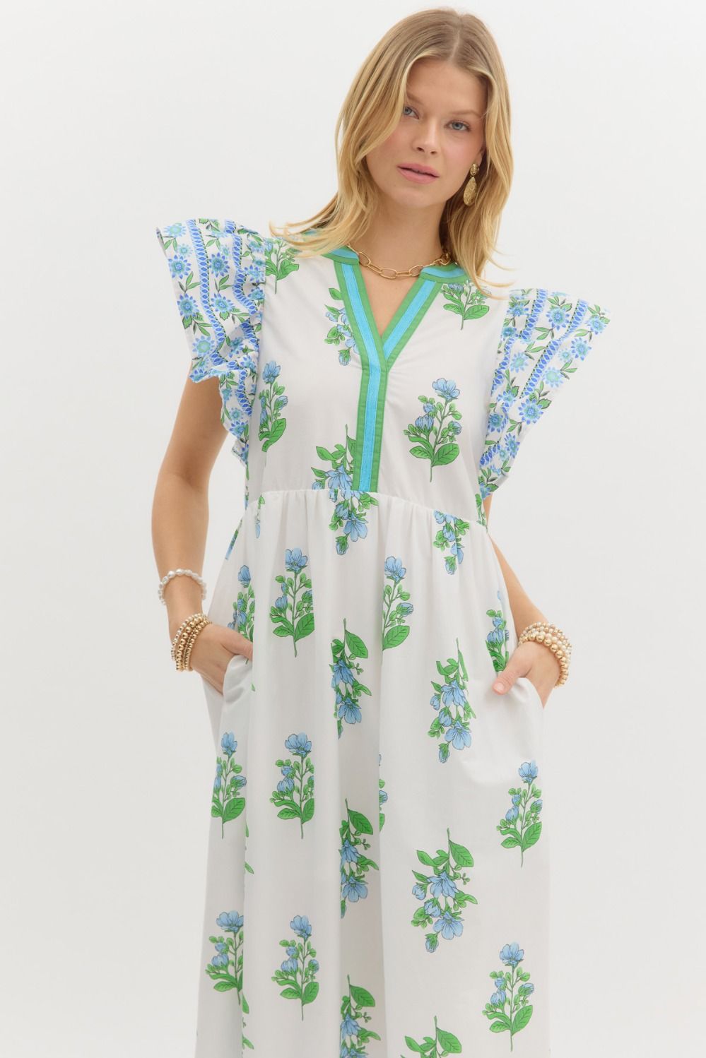 I Do Declare Printed Flutter Sleeve Midi Dress