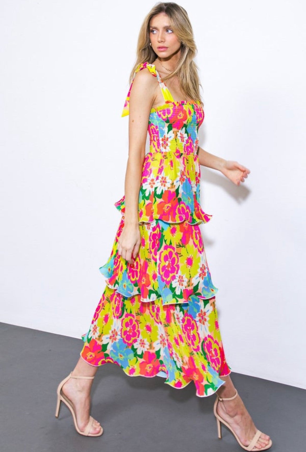 Twirls in Tulum Pleated Tiered Tie Strap Midi Dress