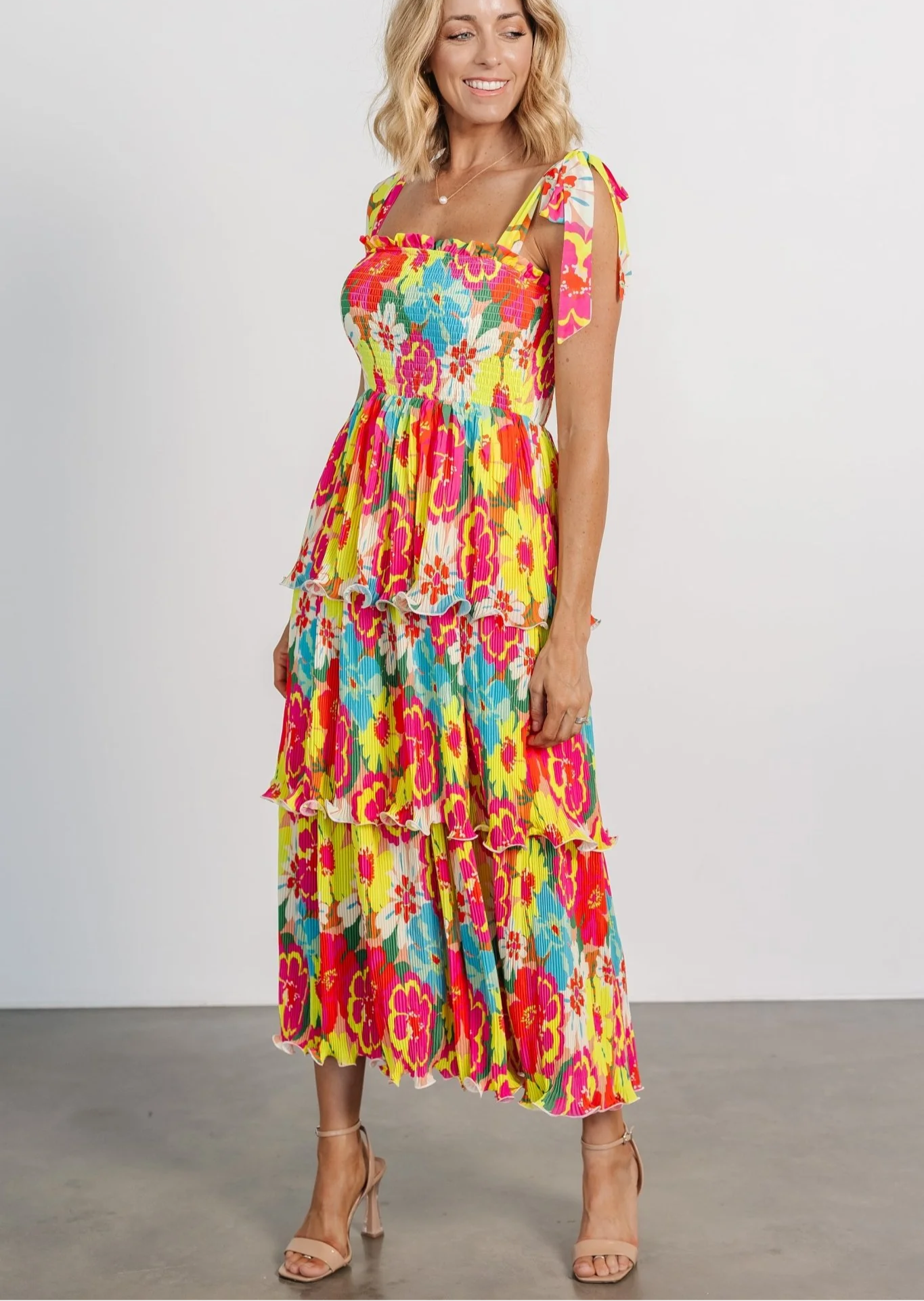 Twirls in Tulum Pleated Tiered Tie Strap Midi Dress