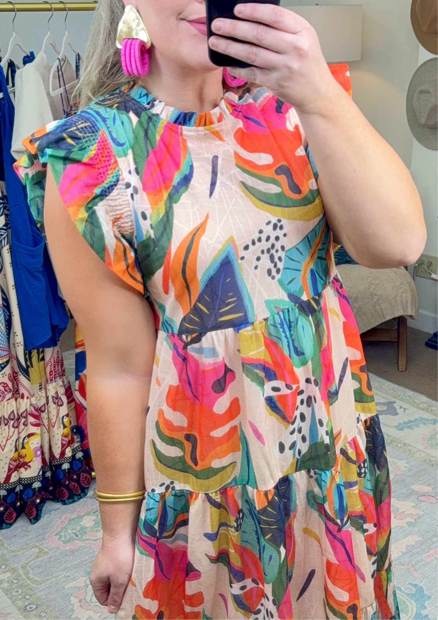 Party Under the Palms Print Tiered Midi Dress