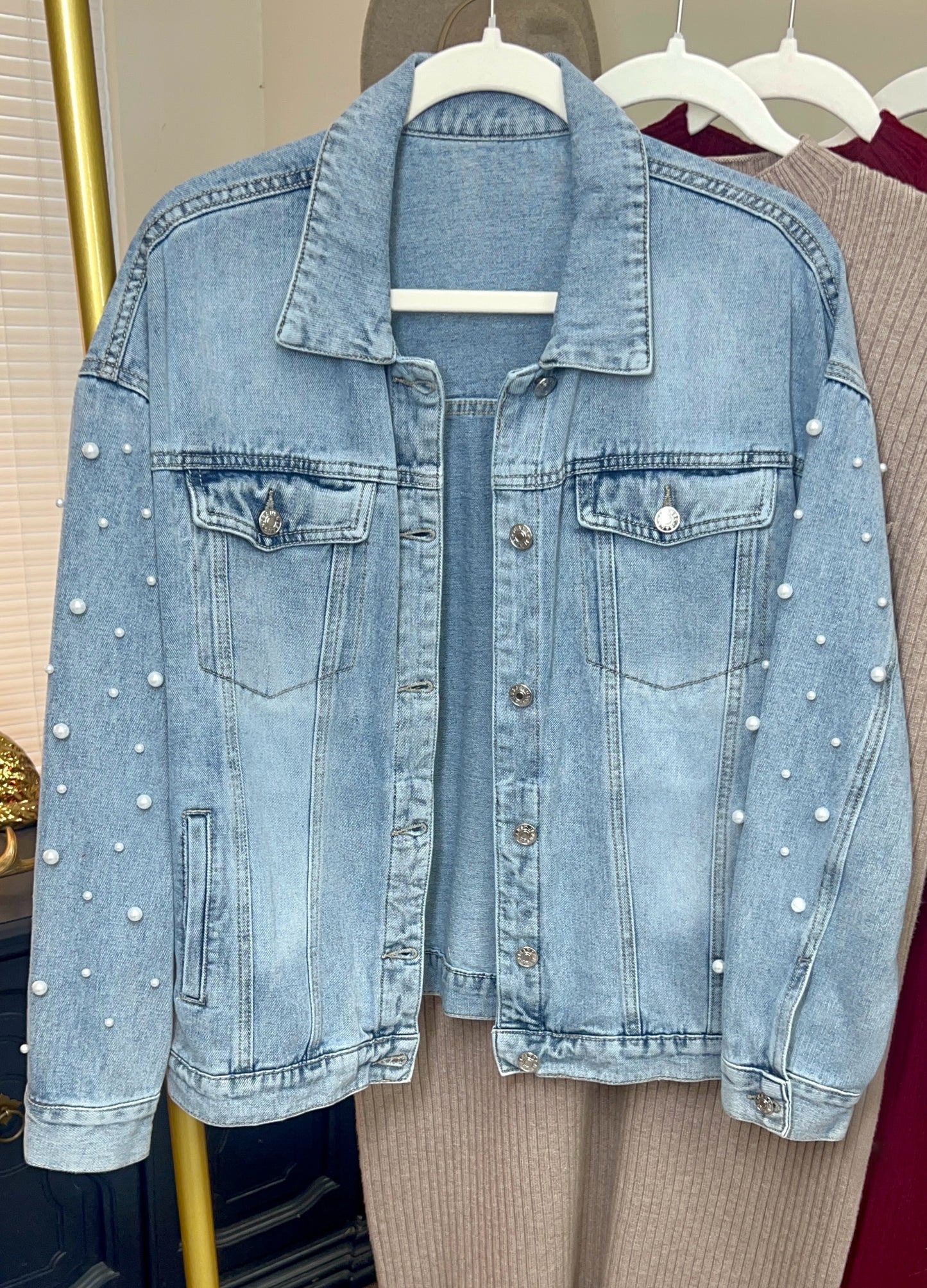 Southern Charm Pearl Embellished Lived-in Denim Jacket