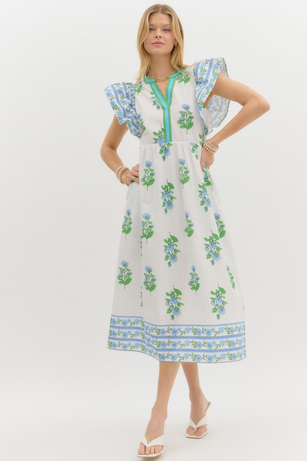 I Do Declare Printed Flutter Sleeve Midi Dress