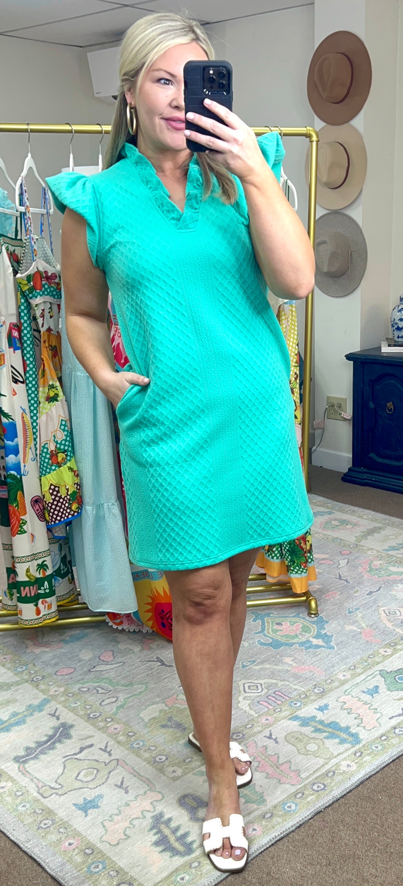**MORE COLORS** Textured Ruffle Neck Dress