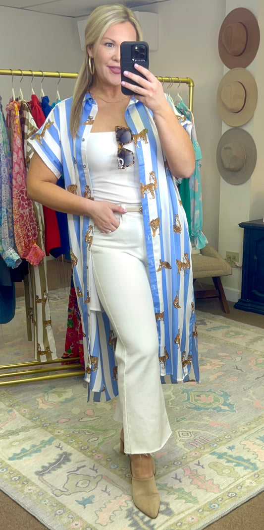 ENTRO: Stripe Tiger Midi Shirt Dress