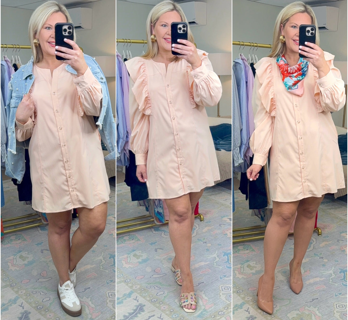 Just Around the Corner Peach Ruffle Shirt Dress