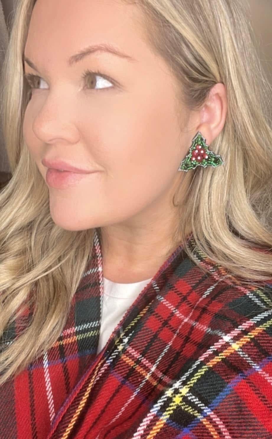 Beaded Holly Leaf Earrings