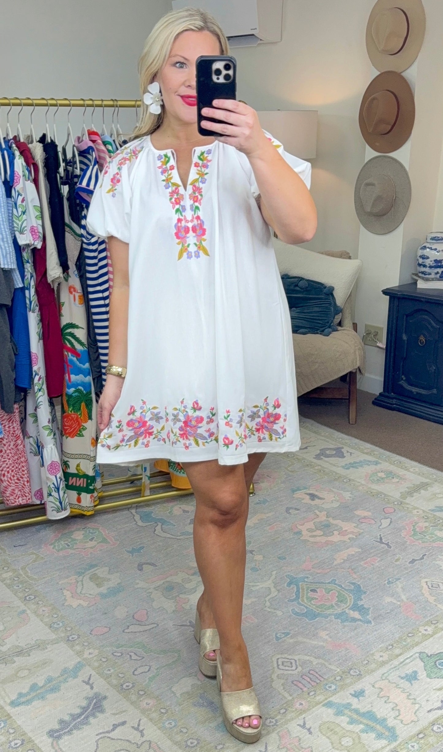 Daily Delight Linen Embroidered Puff Sleeve Dress