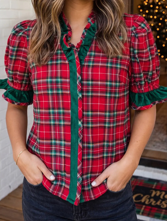 Holiday House Tartan Ruffle Blouse— PREORDER
