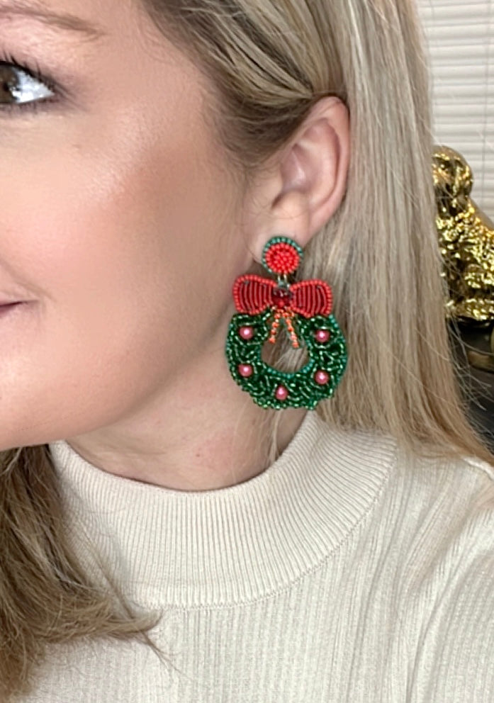 Red Bow Christmas Wreath Beaded Earrings