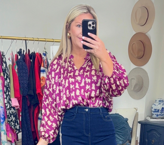 ENTRO: Dog Print Ruffle Blouse