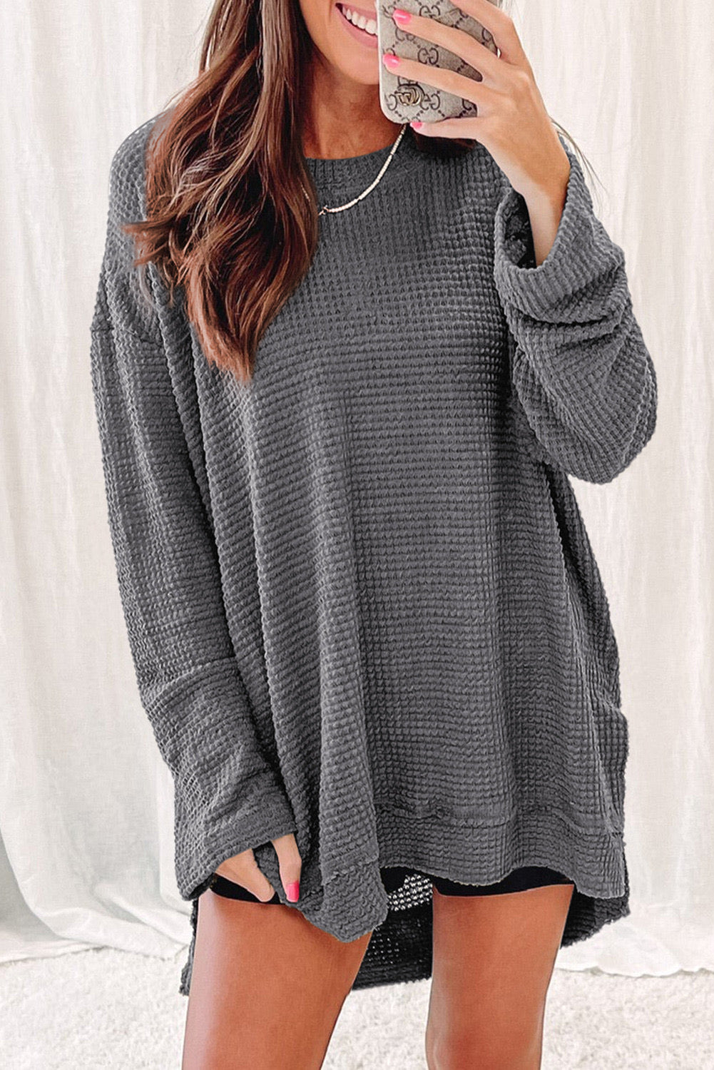**MORE COLORS** Try Anything Raw Hem Waffle Knit Tunic Top