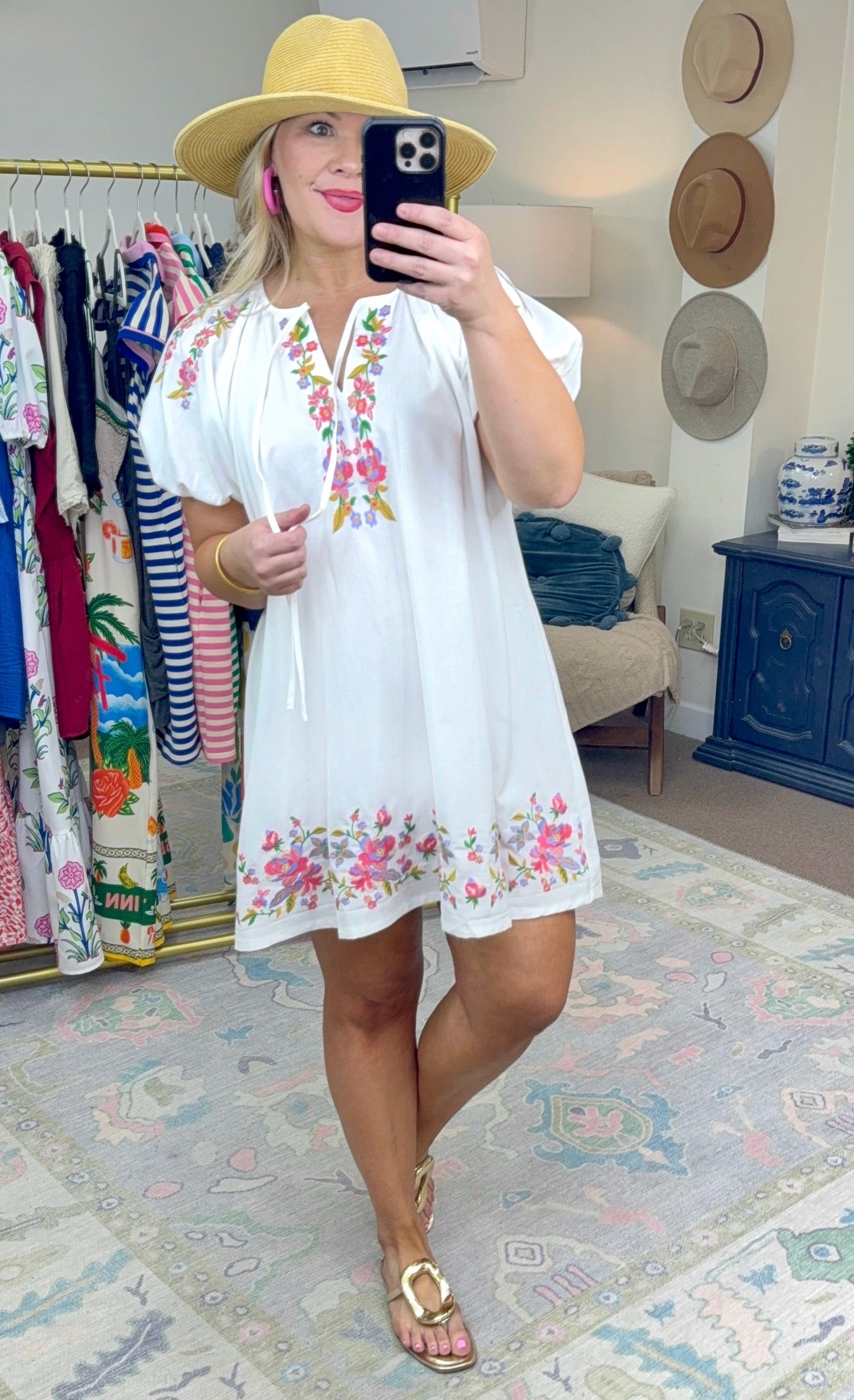 Daily Delight Linen Embroidered Puff Sleeve Dress