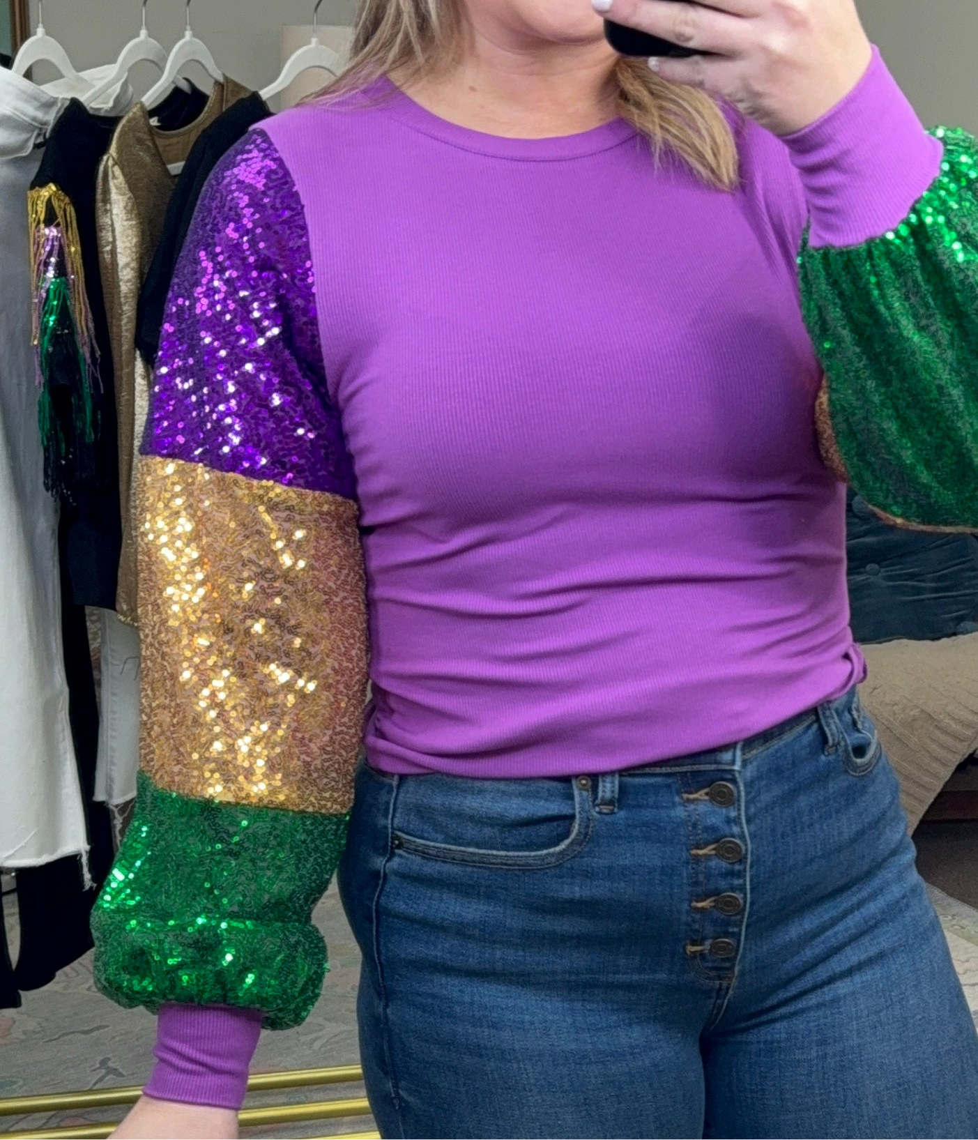 Mardi Gras Sequin Colorblock Sleeve Top