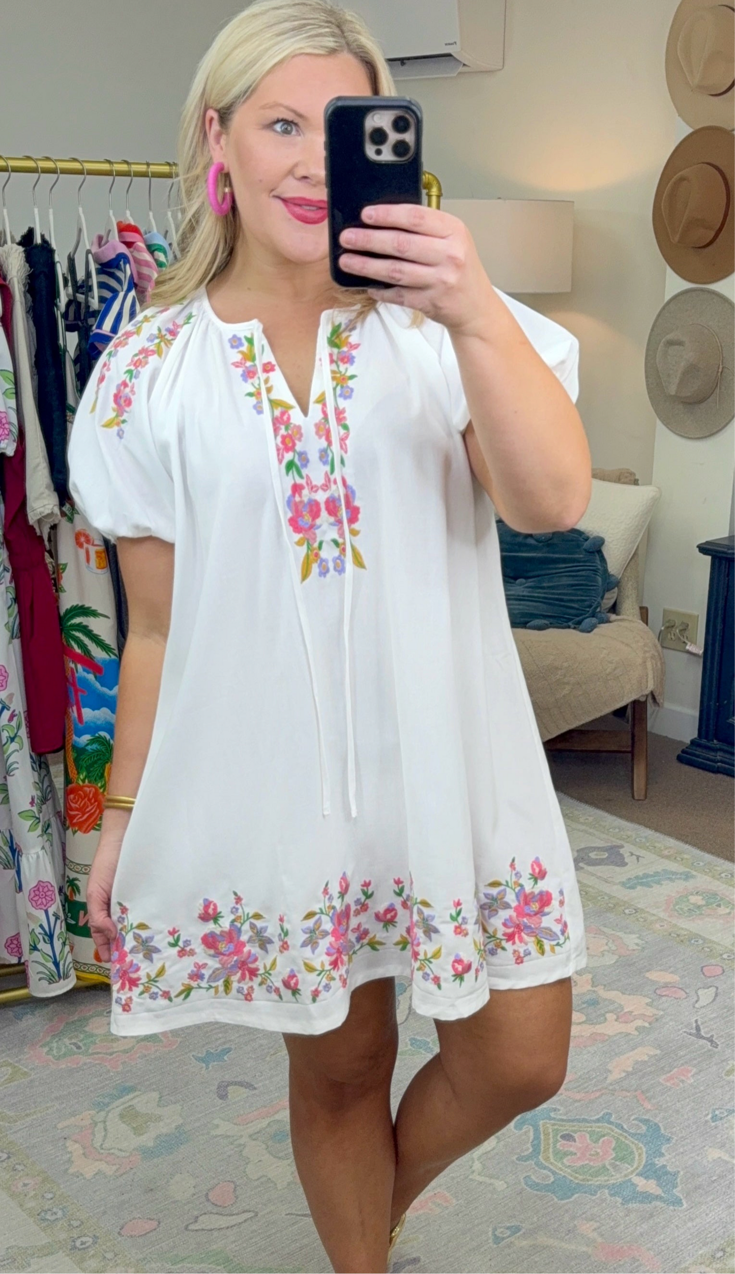 Daily Delight Linen Embroidered Puff Sleeve Dress