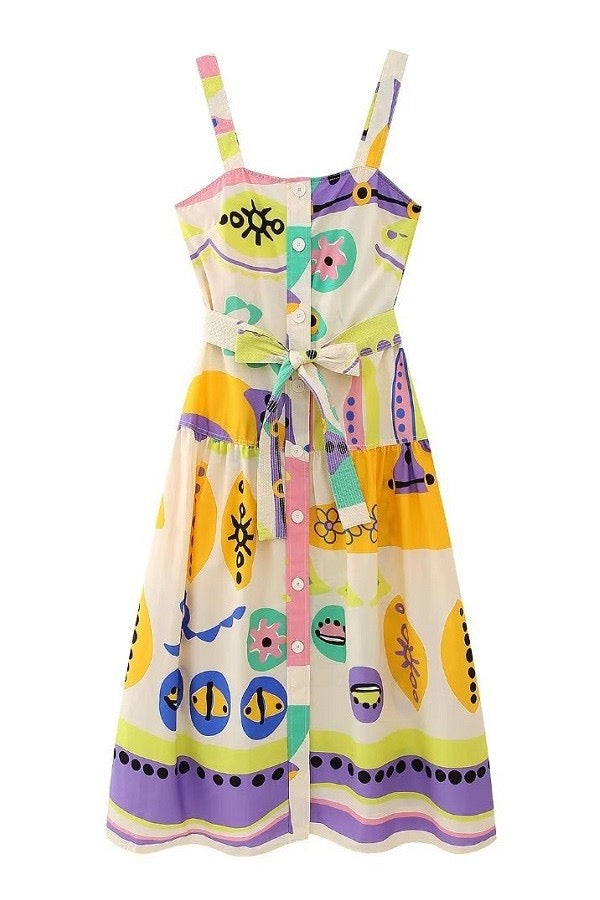 New Perspective Abstract Print Belted Dress