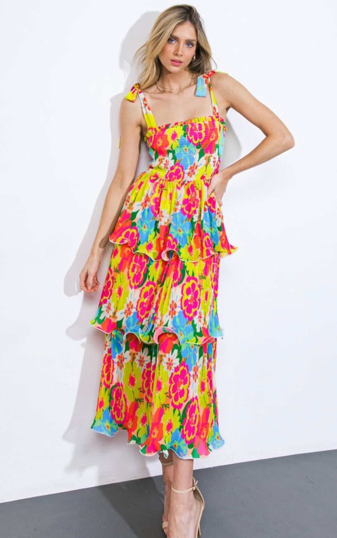 Twirls in Tulum Pleated Tiered Tie Strap Midi Dress