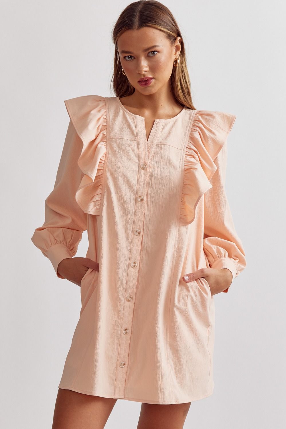 Just Around the Corner Peach Ruffle Shirt Dress