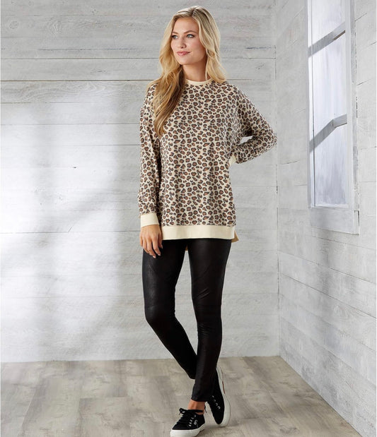 MUD PIE: Fanning Split Side Pullover Top in Tan Leopard