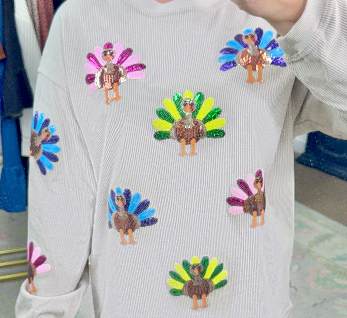 Shake Your Tail Feather Sequin Turkey Pullover Top