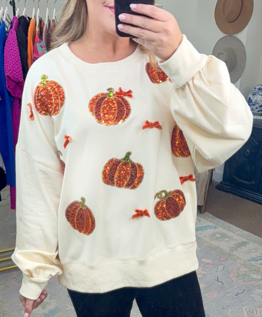 PEACH LOVE: Pick of the Patch Sequin Pumpkin Oversized Pullover