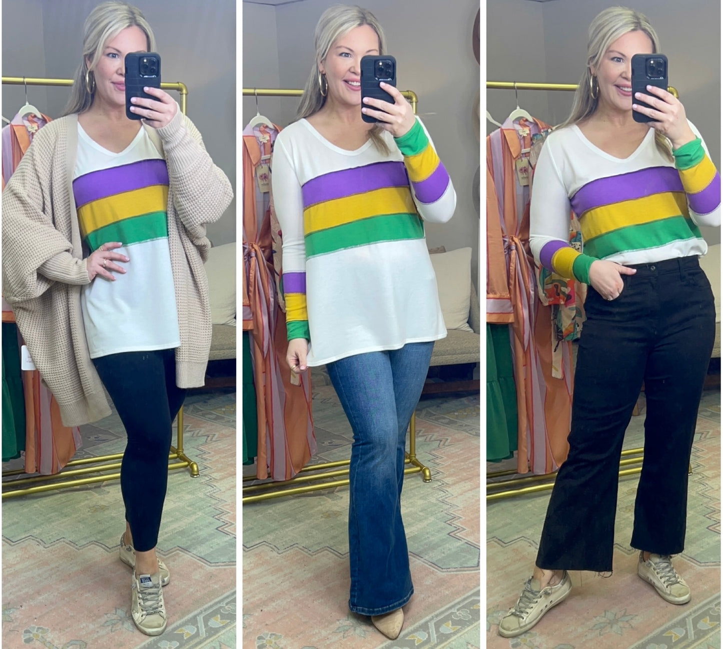 White Mardi Gras Colorblock Stripe Top