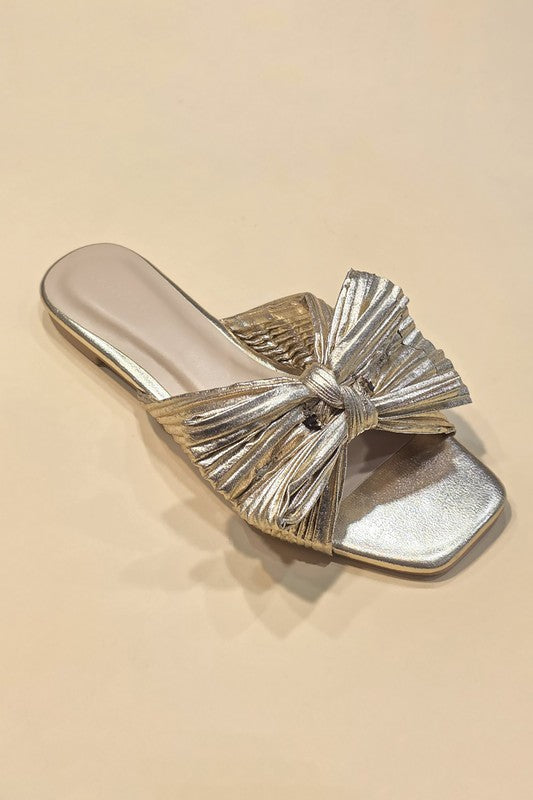 Effortless Elegance Metallic Pleat Bow Sandals
