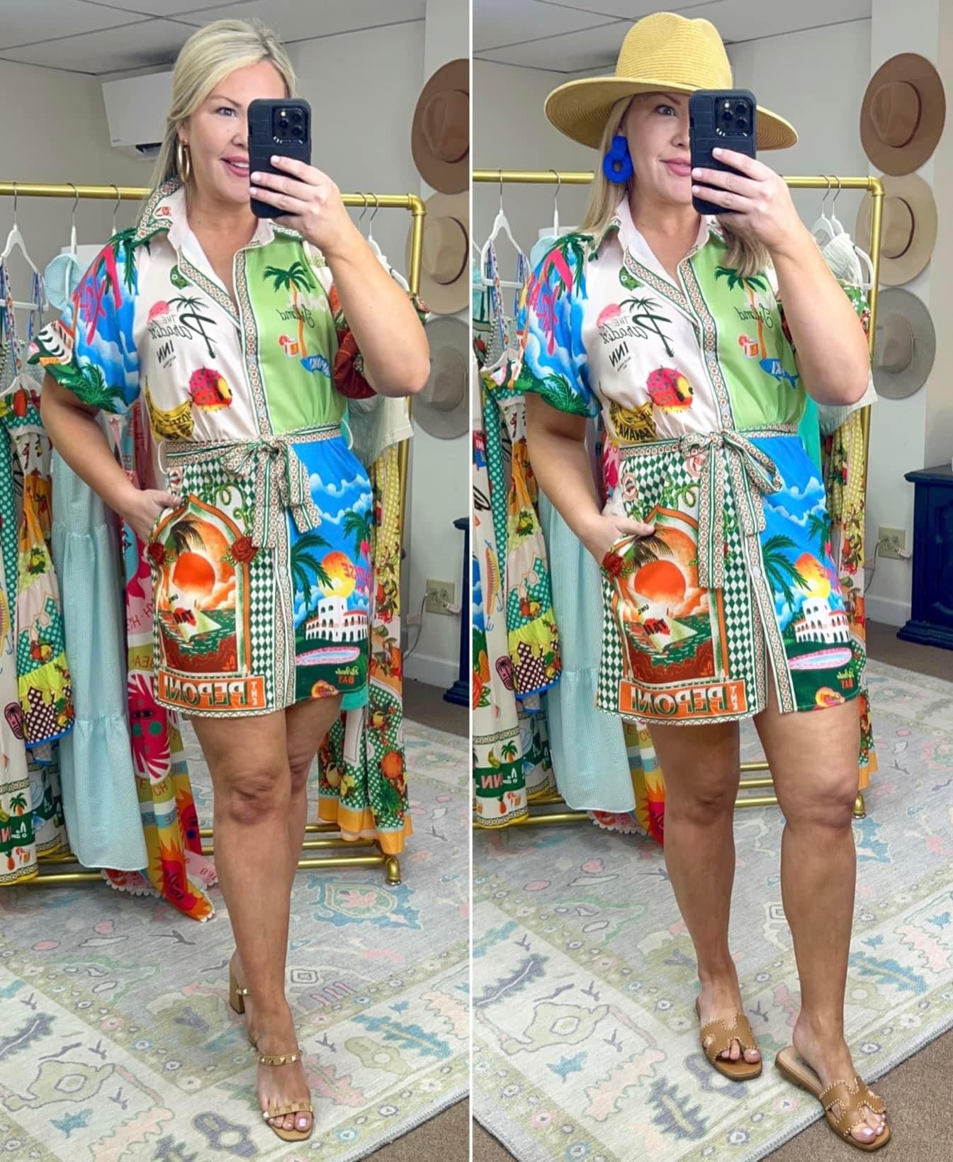 Resort Print Puff Sleeve Shirt Dress