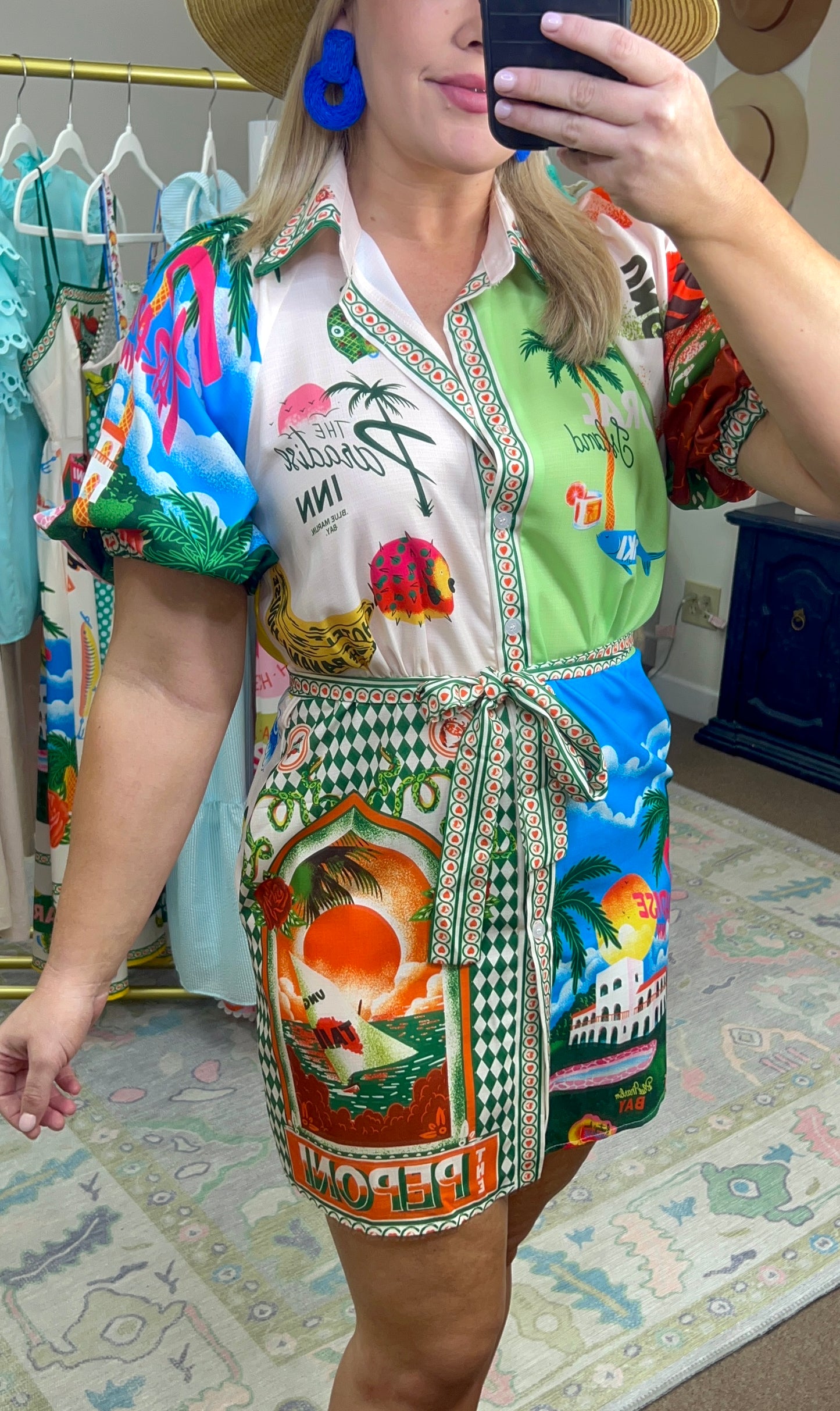 Resort Print Puff Sleeve Shirt Dress