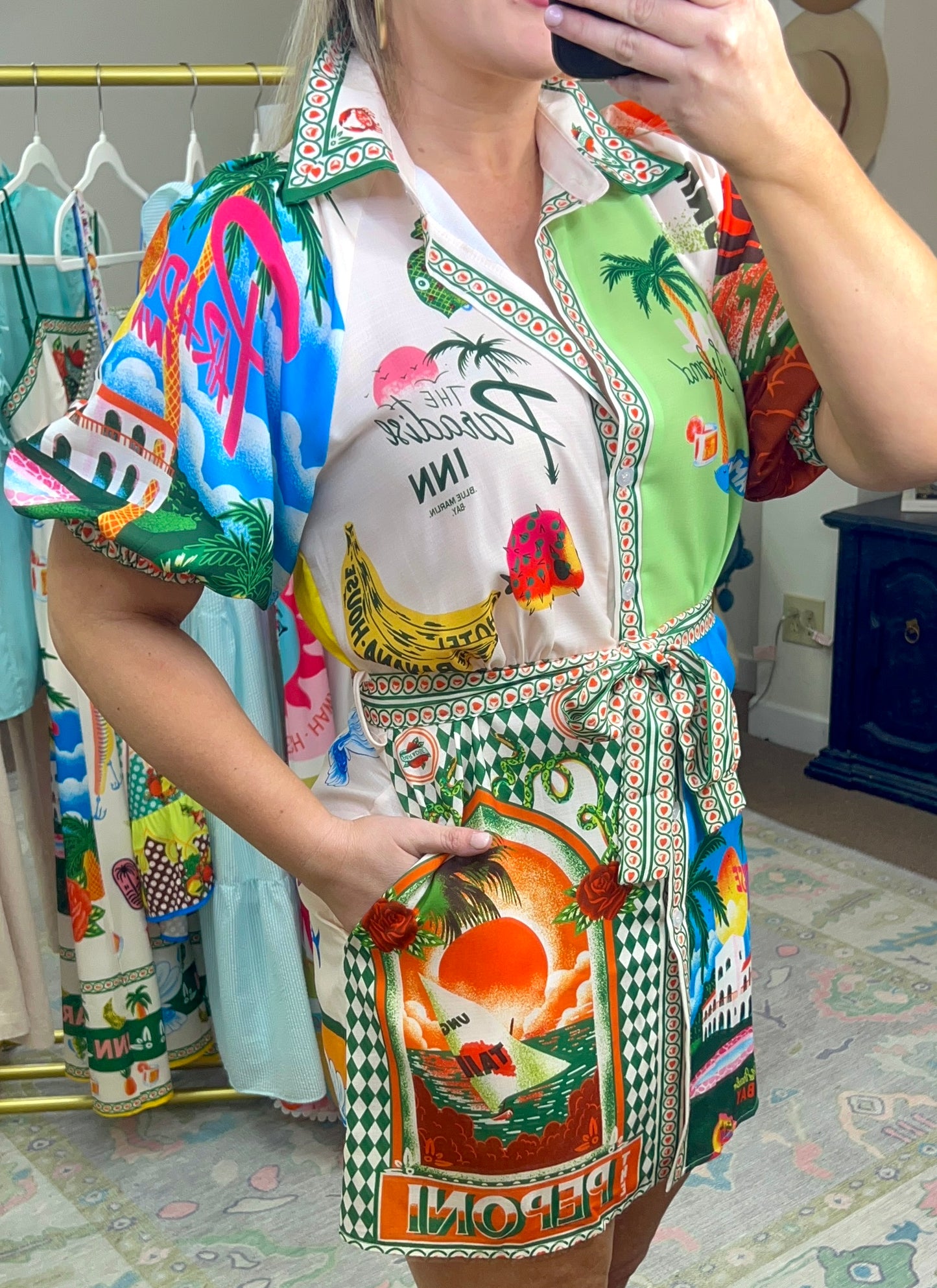 Resort Print Puff Sleeve Shirt Dress