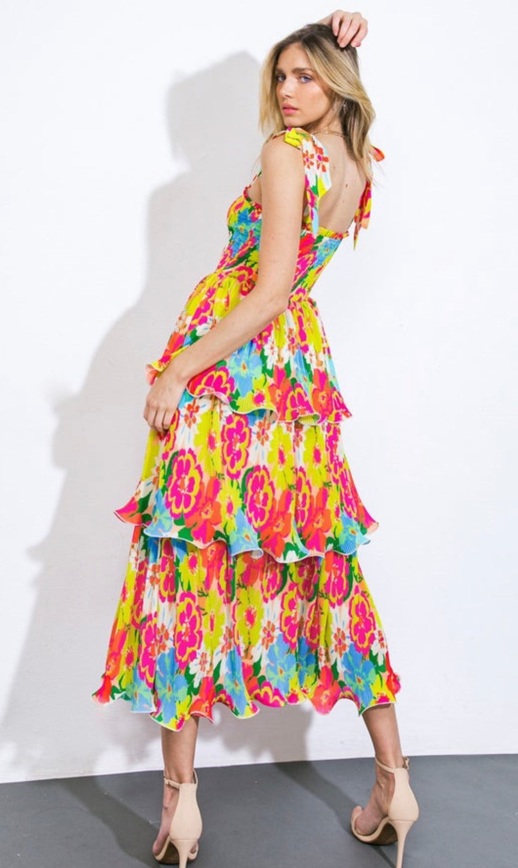 Twirls in Tulum Pleated Tiered Tie Strap Midi Dress
