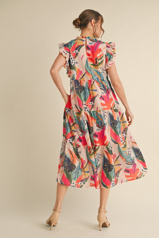 Party Under the Palms Print Tiered Midi Dress