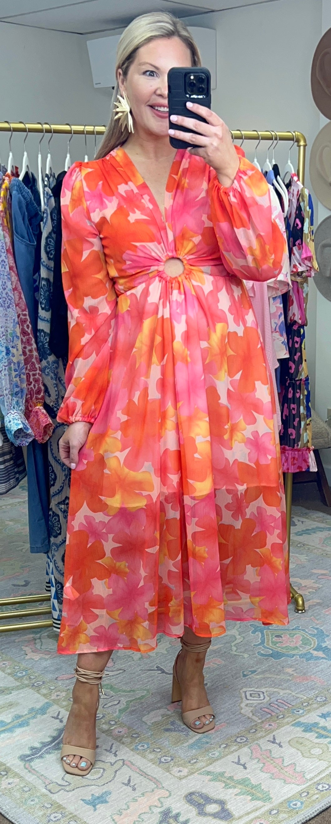 Vibrant Print O Ring Midi Dress