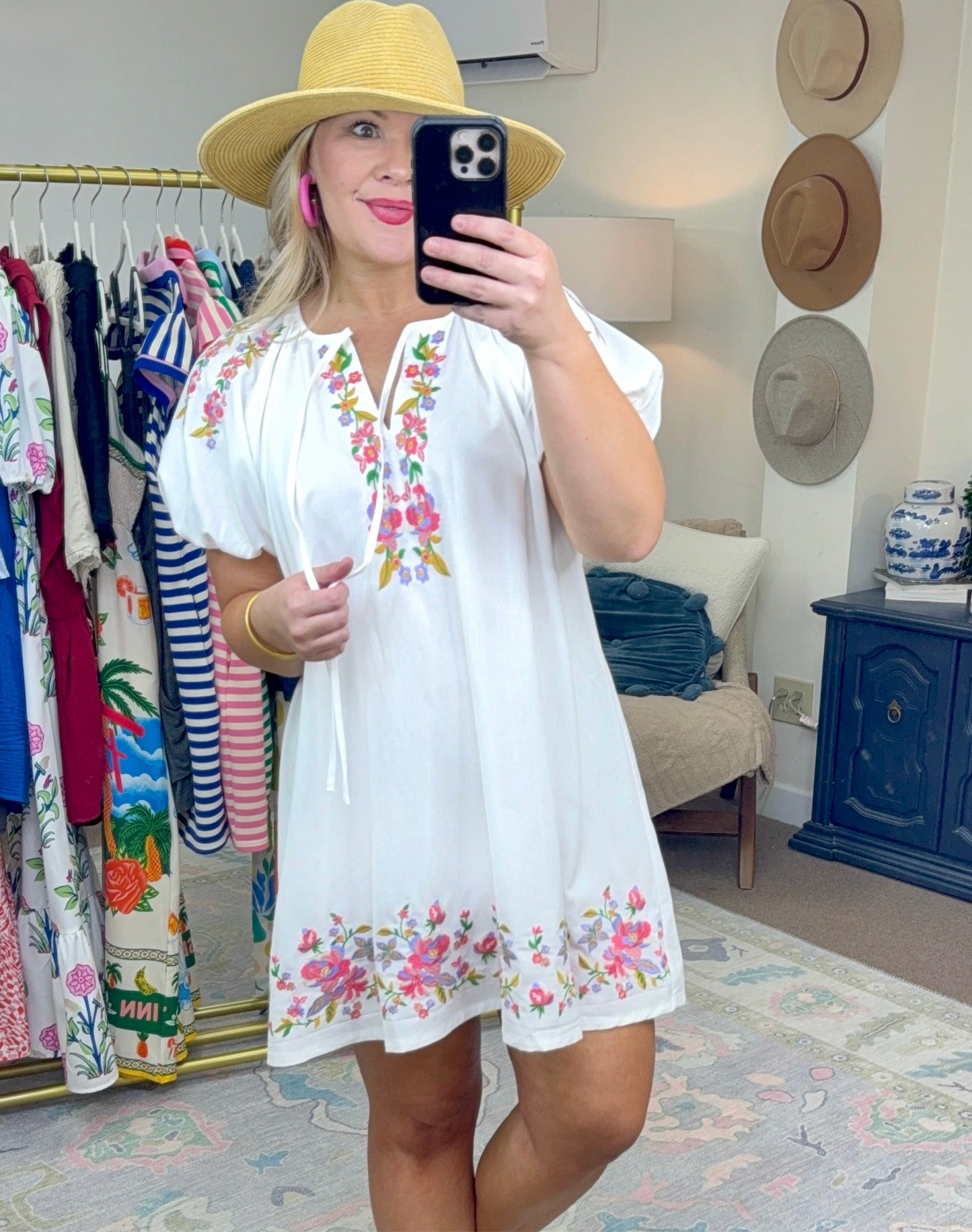 Daily Delight Linen Embroidered Puff Sleeve Dress