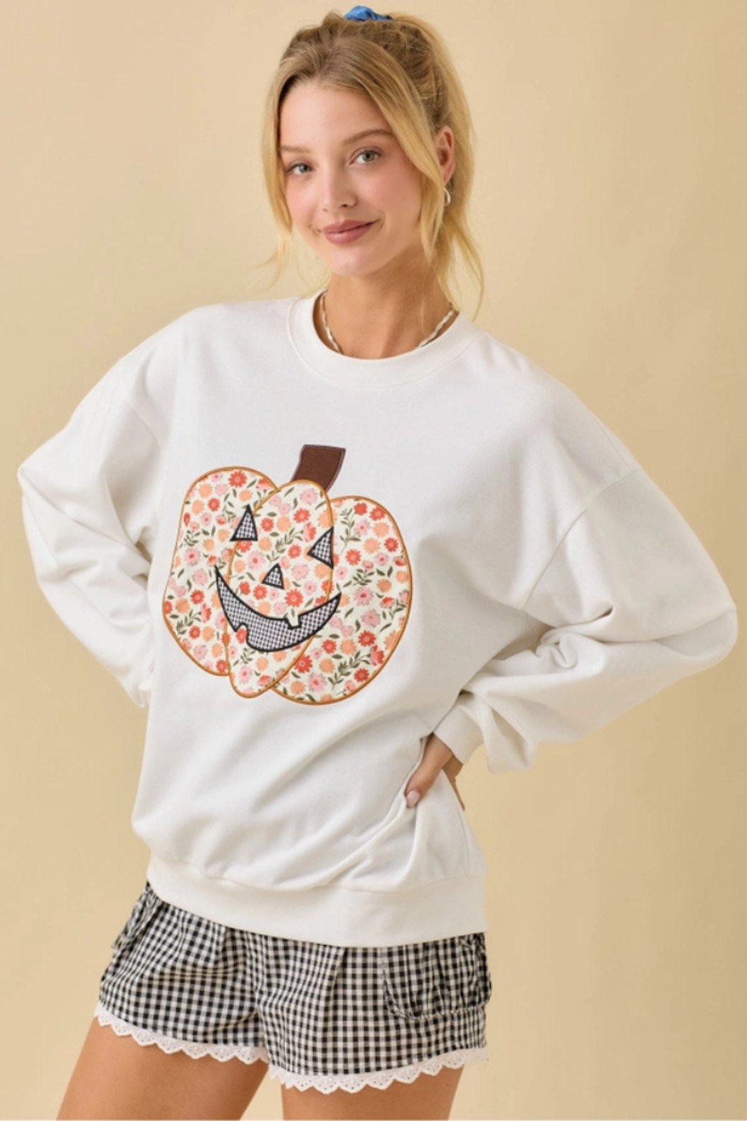 Harvest Hues Floral Pumpkin Patchwork Top