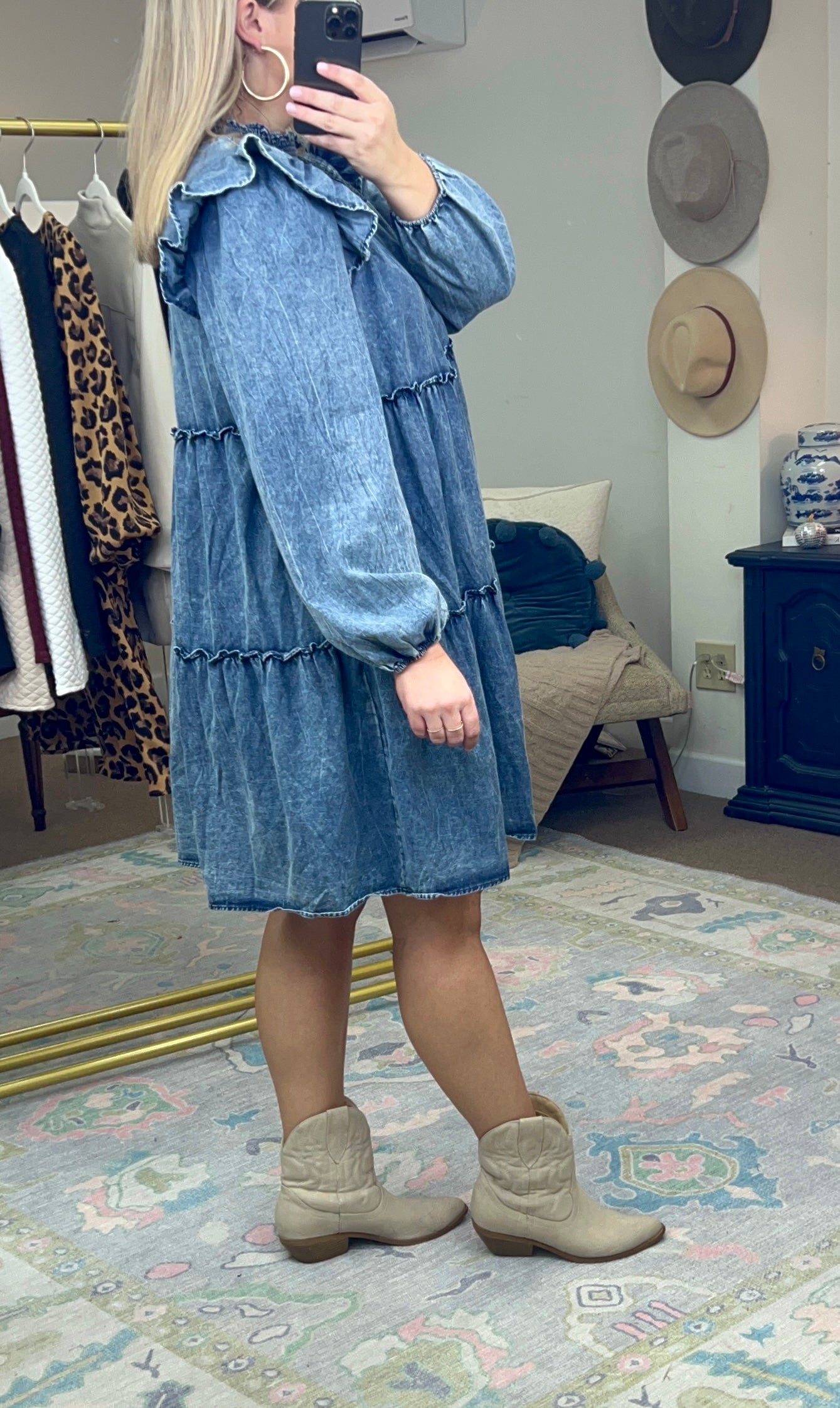 Cherish You Ruffle Washed Denim Dress
