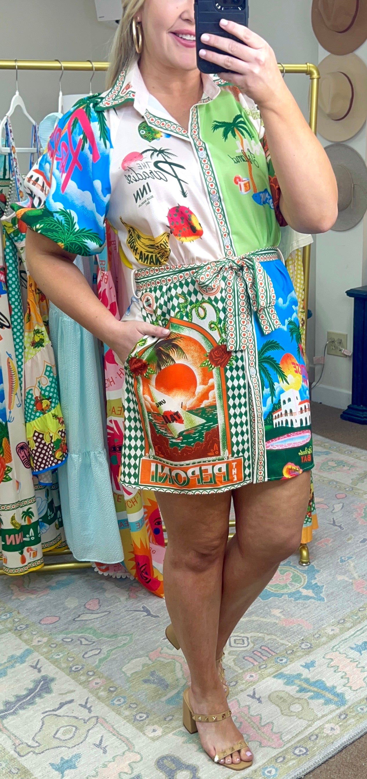 Resort Print Puff Sleeve Shirt Dress