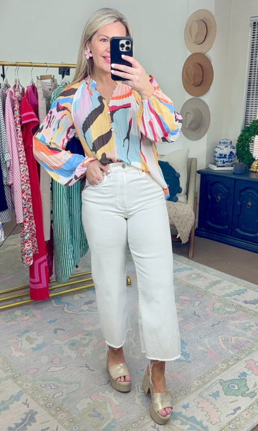 Pleat & Repeat Abstract Print Blouse