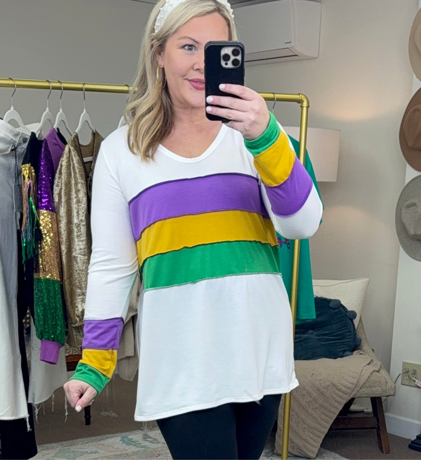 White Mardi Gras Colorblock Stripe Top