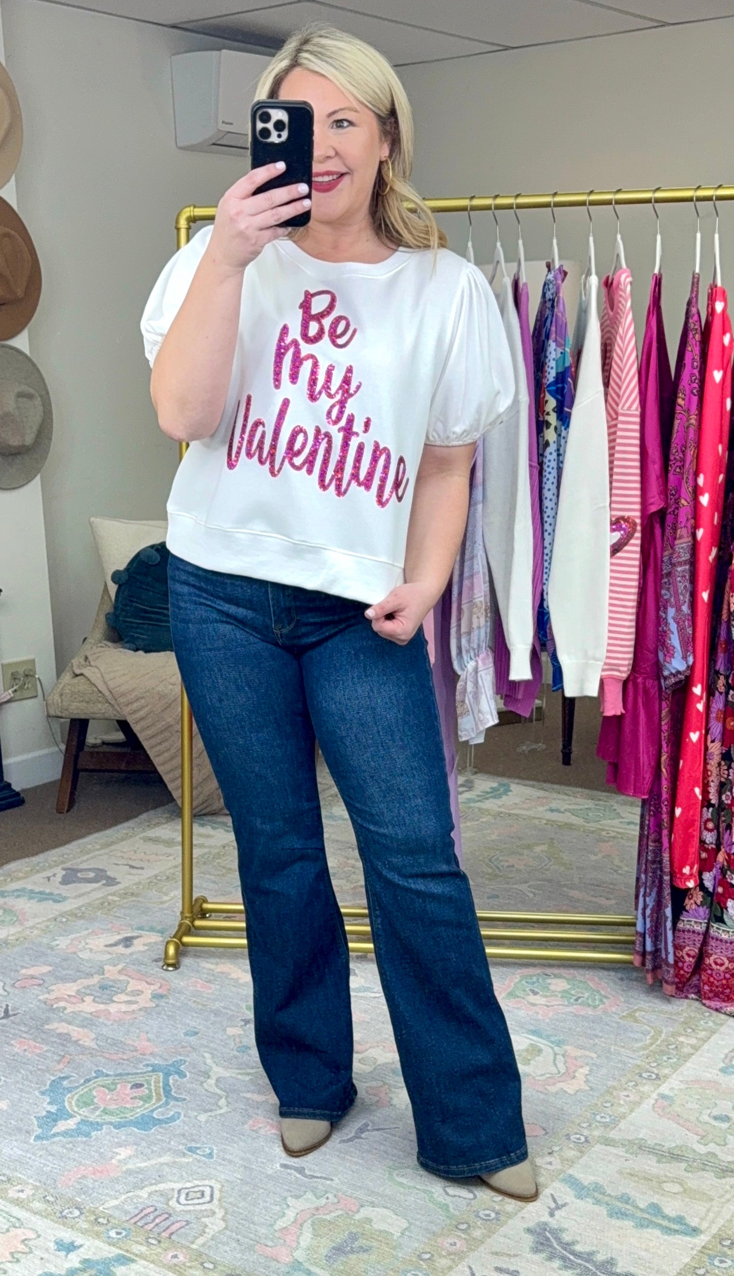 Be My Valentine Sequin Puff Sleeve Top