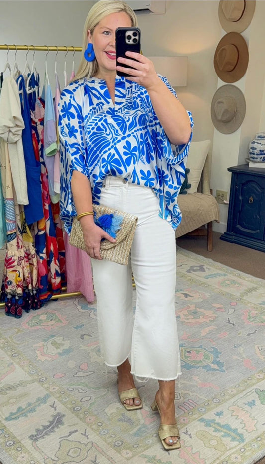 Not That Serious Blue Print Caftan Blouse