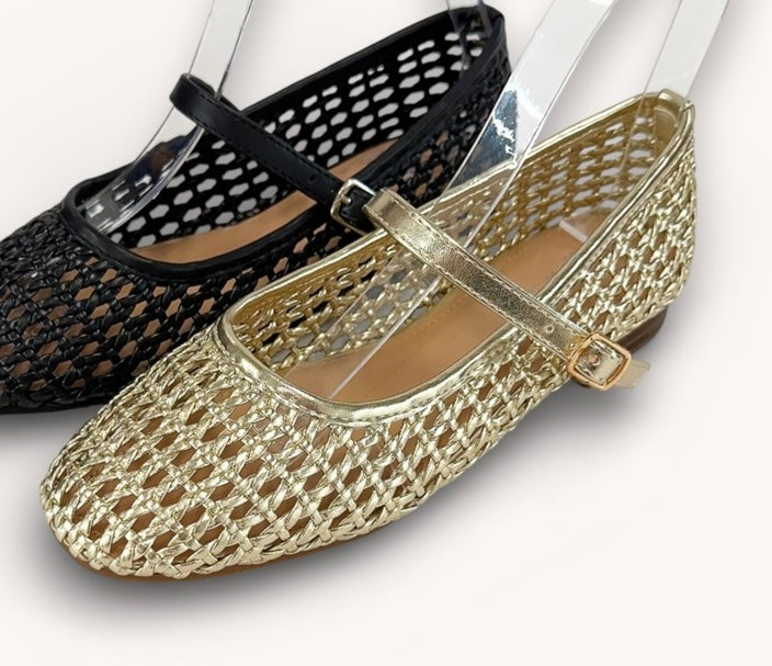 Midas Moment Gold Woven Mary Jane Flats