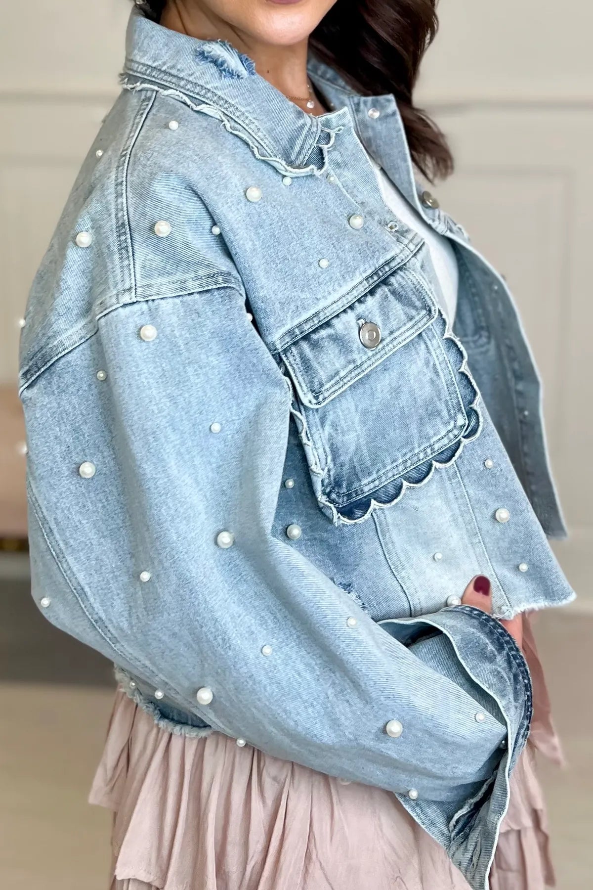 Sweet Gal Scallop Pearl Embellished Denim Jacket