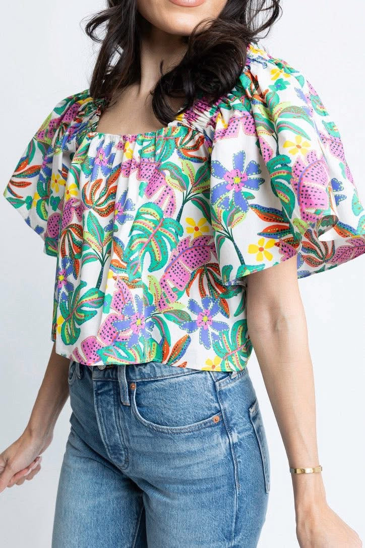 Whimsy Palms Vibrant Square Neck Blouse