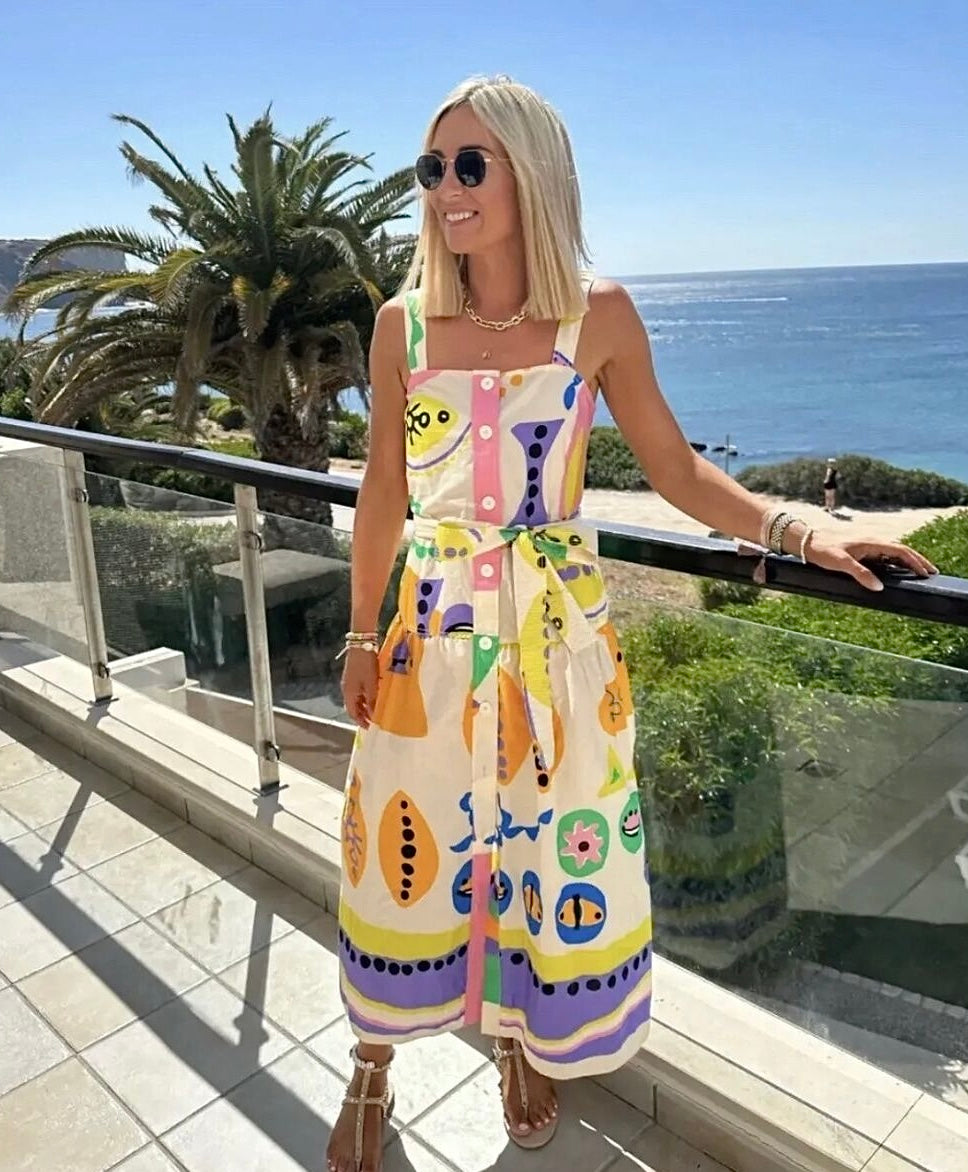 New Perspective Abstract Print Belted Dress