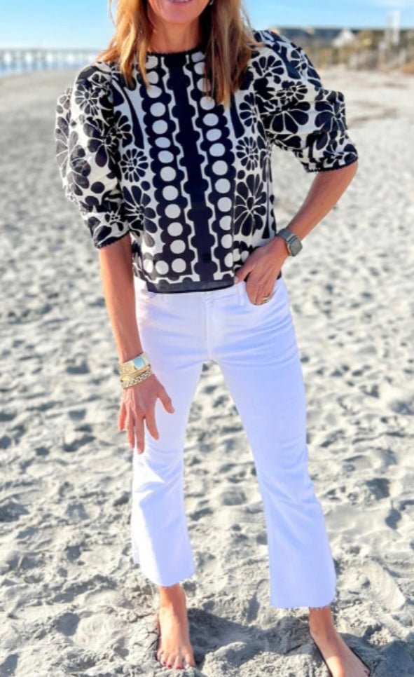 Black Print Puff Sleeve Blouse