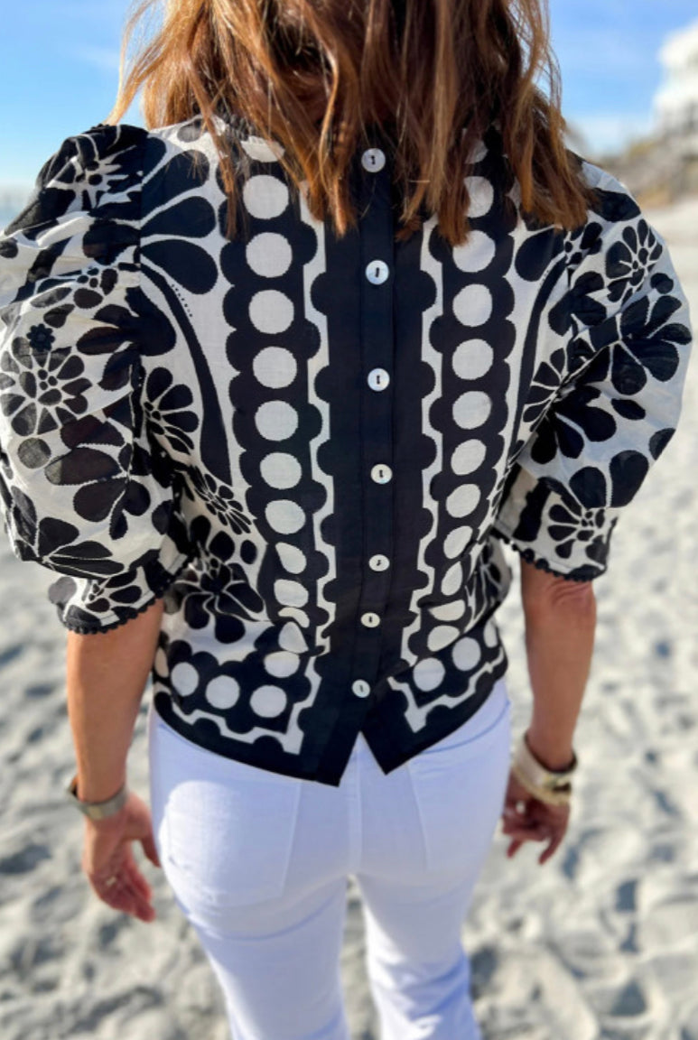 Black Print Puff Sleeve Blouse