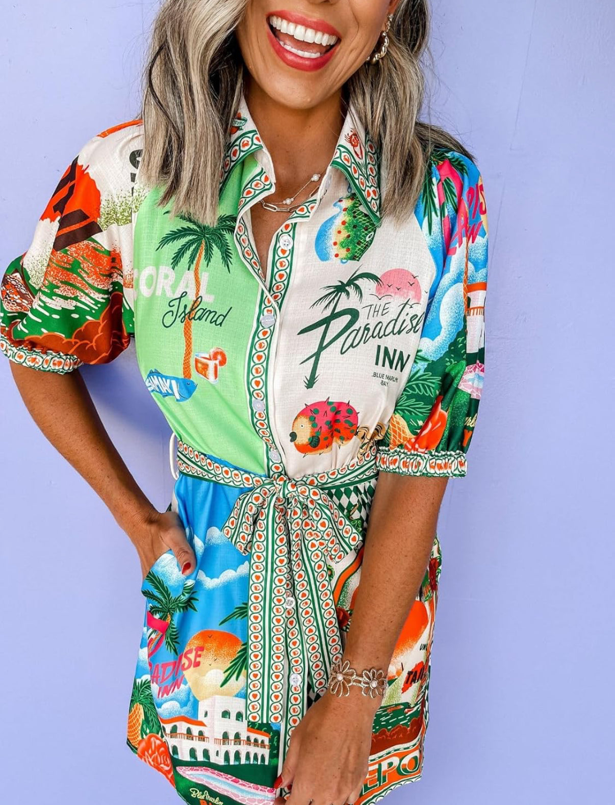 Resort Print Puff Sleeve Shirt Dress